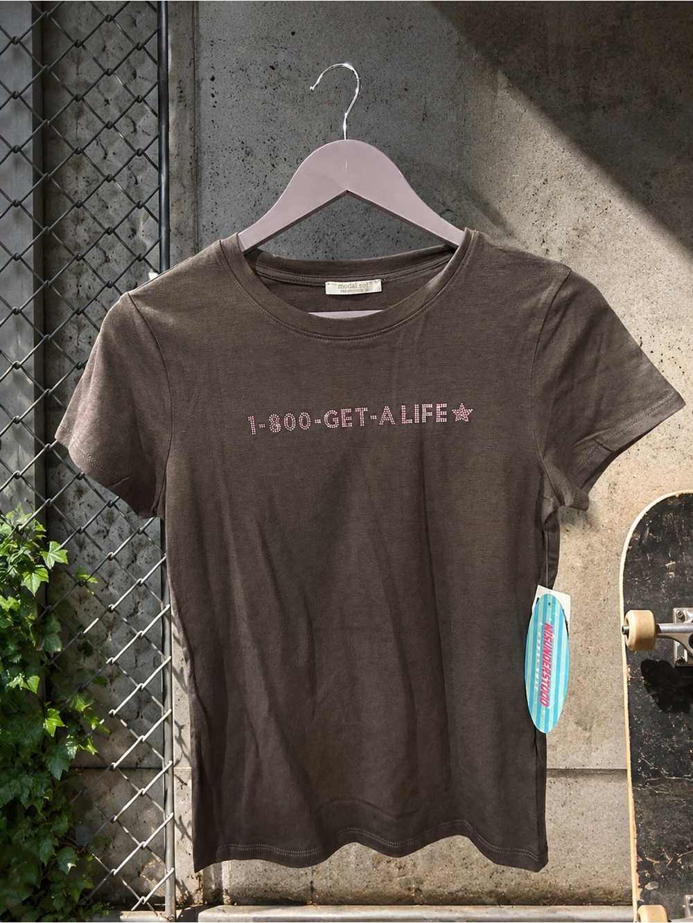 Grey Brown Gemmed '1-800-GET-A-LIFE' Graphic Tee